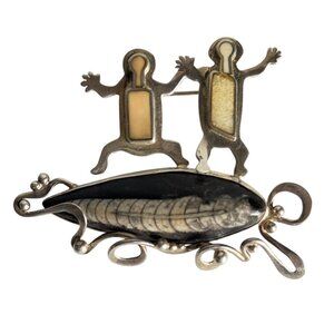 Zealandia 925 Sterling Tribal Dance Brooch Pin On Orthoceros 2 3/4"